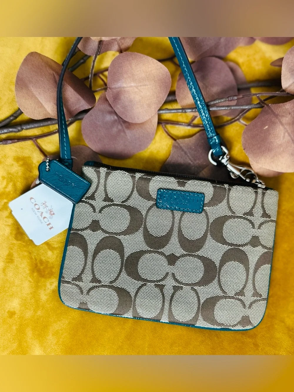 Coach Signature Canvas Wristlet with Teal Trim